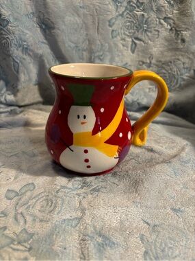 Pier 1 Red Snowman Ceramic Mug with Yellow Handle